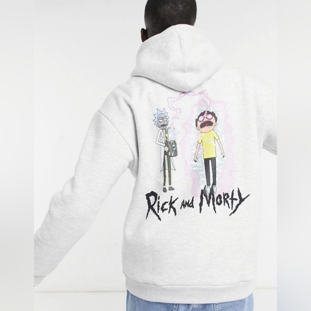 Bershka Men's Medium Grey Rick And Morty Back Print Hoodie